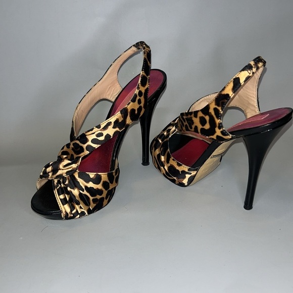 Betsey Johnson Shoes - Betsey Johnson satin leopard print sling back heeled sandals